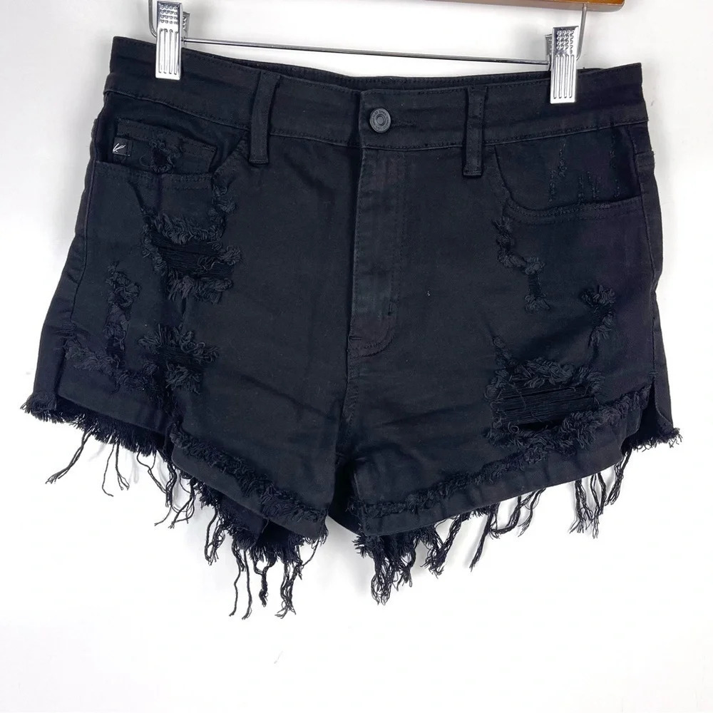 KanCan Black Distressed High Rise Denim Shorts Raw Frayed Hem